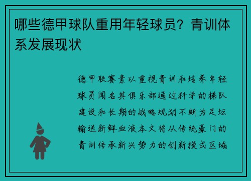 哪些德甲球队重用年轻球员？青训体系发展现状