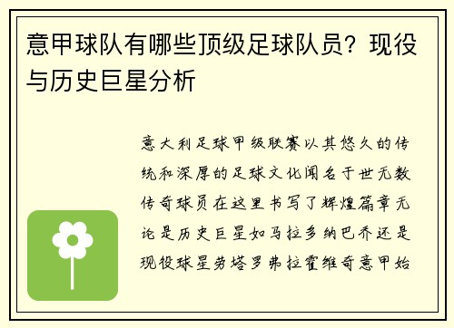 意甲球队有哪些顶级足球队员？现役与历史巨星分析