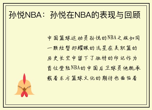 孙悦NBA：孙悦在NBA的表现与回顾