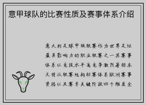 意甲球队的比赛性质及赛事体系介绍